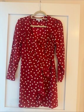 INTERMIX Red and White Polka Dot Wrap Mini Dress